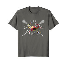 Load image into Gallery viewer, Boys Lacrosse Shirt Sticks Crossed Crab LAX Maryland Flag
