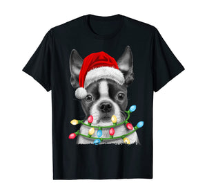 Boston Terrier Santa Christmas Tree Lights Xmas Gifts Boys T-Shirt