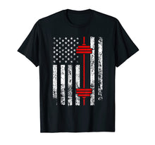 Load image into Gallery viewer, Barbell and American Flag Weight Lifting T-Shirt
