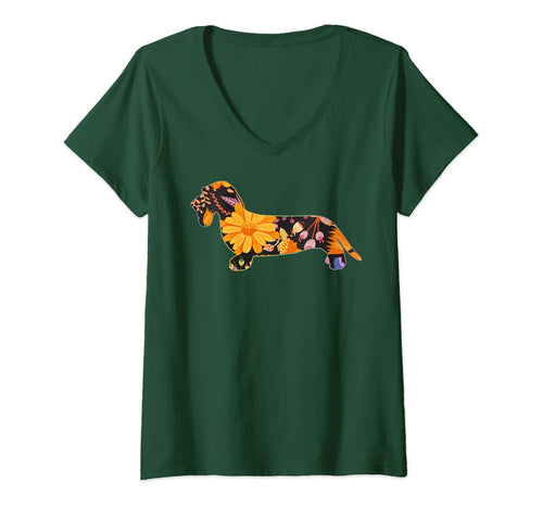 Womens DACHSHUND WIRE-HAIR Shirt. Floral Flower Vintage Retro V-Neck T-Shirt-393077