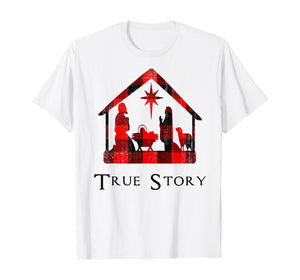 Christmas Nativity True Story Red Plaid Xmas Sweater Gift T-Shirt