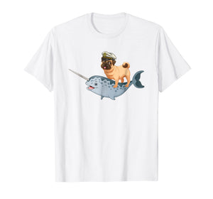 Captain Pug riding a Narwhal T-shirt Funny Pug Shirt