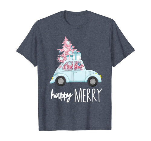 Happy Merry Vintage Car Christmas Holiday Pink Xmas Tree T-Shirt