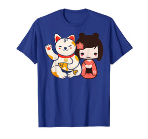 Maneki Neko Lucky Beckoning Cat with cute girl t-shirt