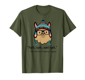 Oxford comma llama grammar nerd tee shirt black text