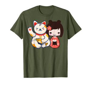 Maneki Neko Lucky Beckoning Cat with cute girl t-shirt
