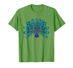 Blue Peacock Print T-Shirt Teal Feathers Clothes