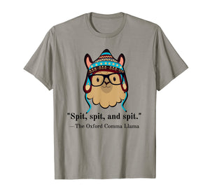 Oxford comma llama grammar nerd tee shirt black text