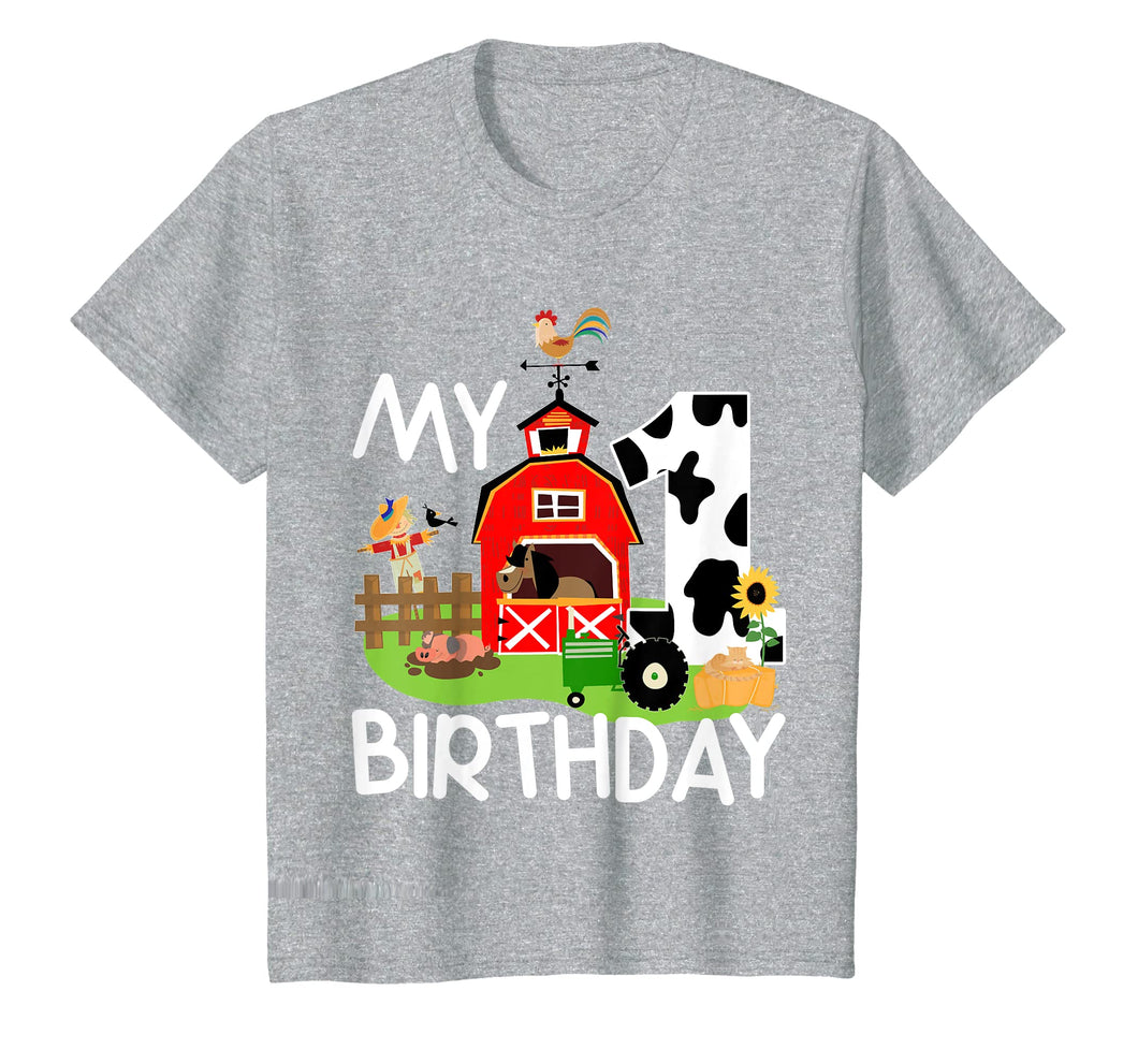 Kids 1st Birthday Shirt Farm Tractor Pig Horse Cow Chicken Cat