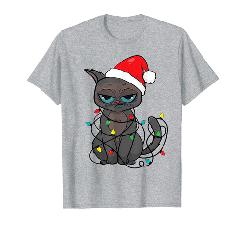 Christmas Cat Shirt | Funny Santa Hat & Xmas Lights Cat Gift T-Shirt